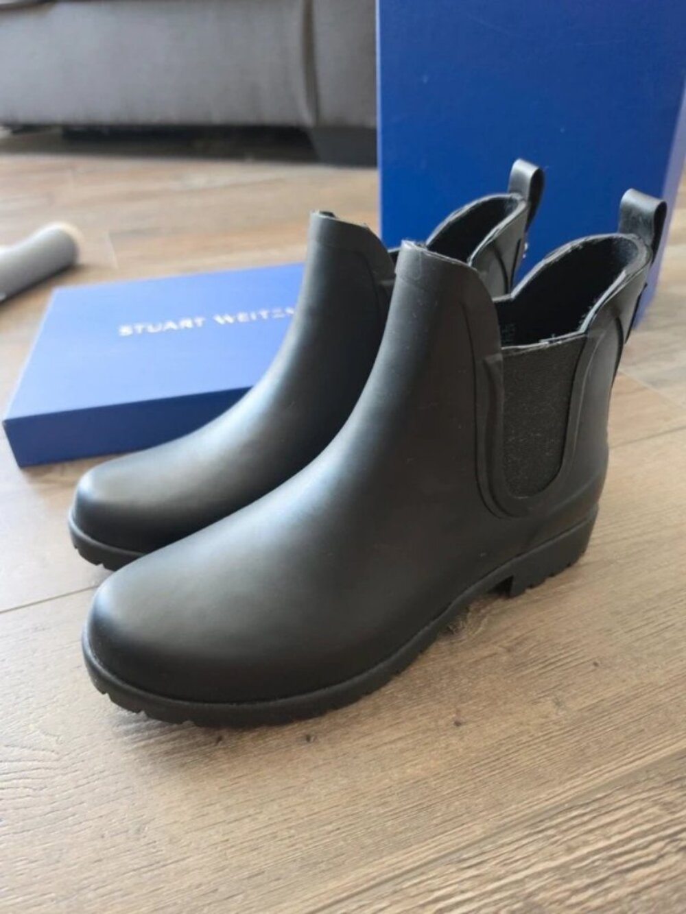 Stuart Weitzman black ankle rain boots, never worn, with box, fall